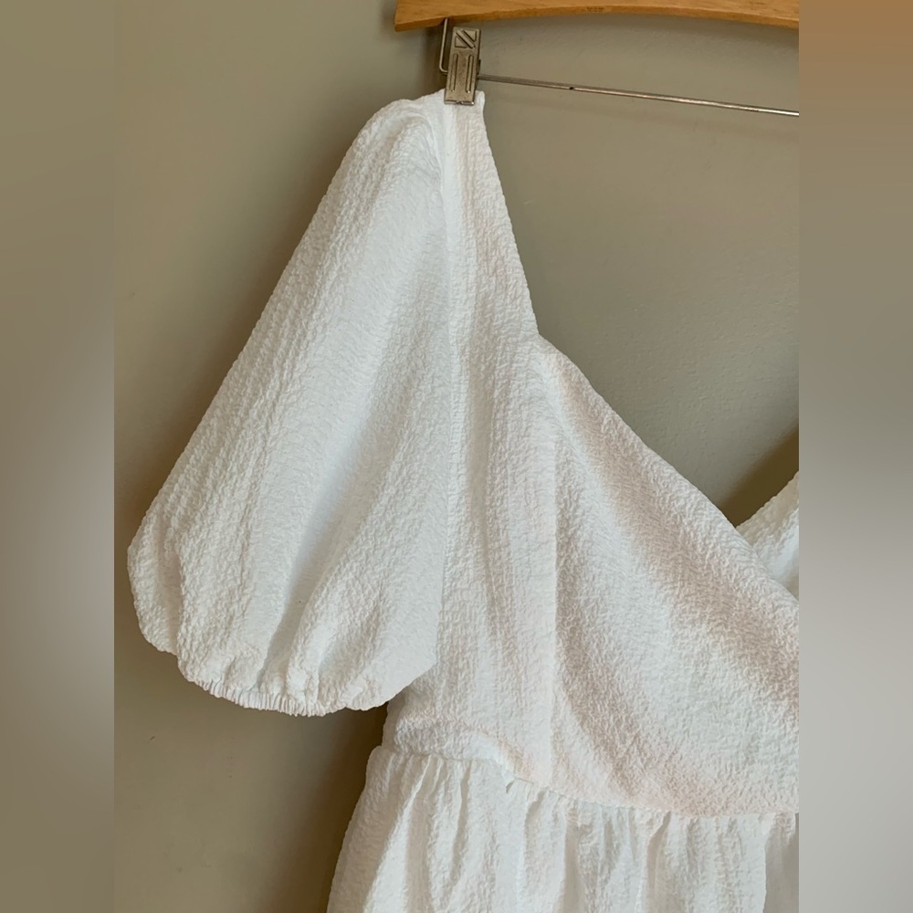 Lulus white crinkle dress mini graduation honeymoon beachy bridal puff sleeve - Picture 5 of 8